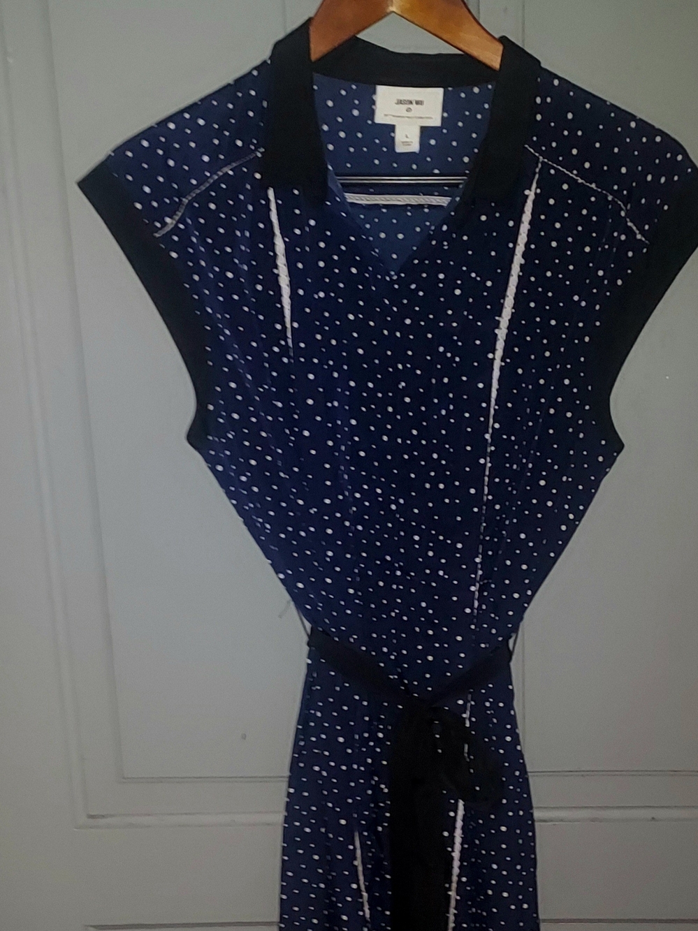 Jason Wu Navy Blue Polka Dot Sleeveless Dress with Black Collar. Size 12.